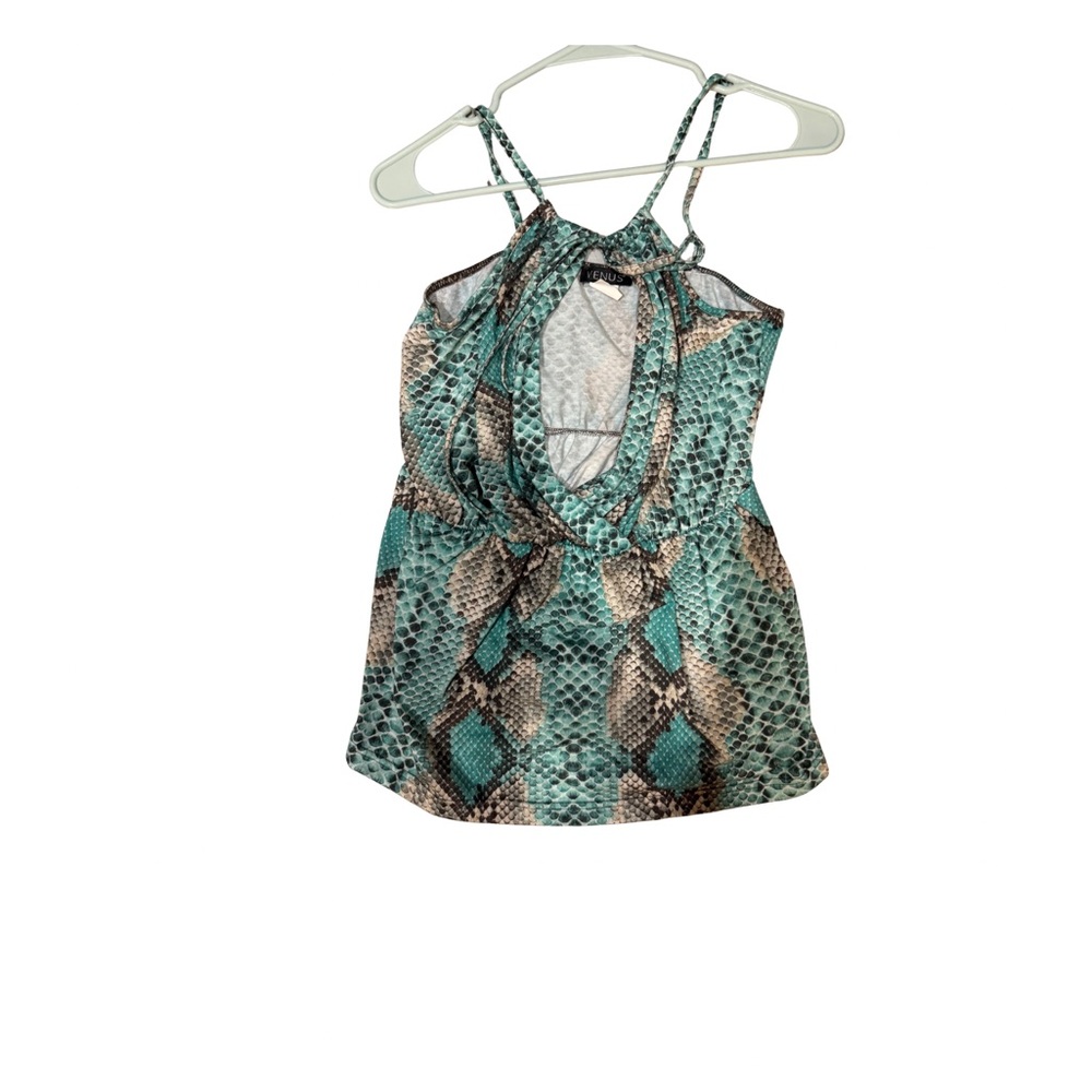 VENUS Teal Snake Print Halter Tank – Deep V Front & Back – Size M